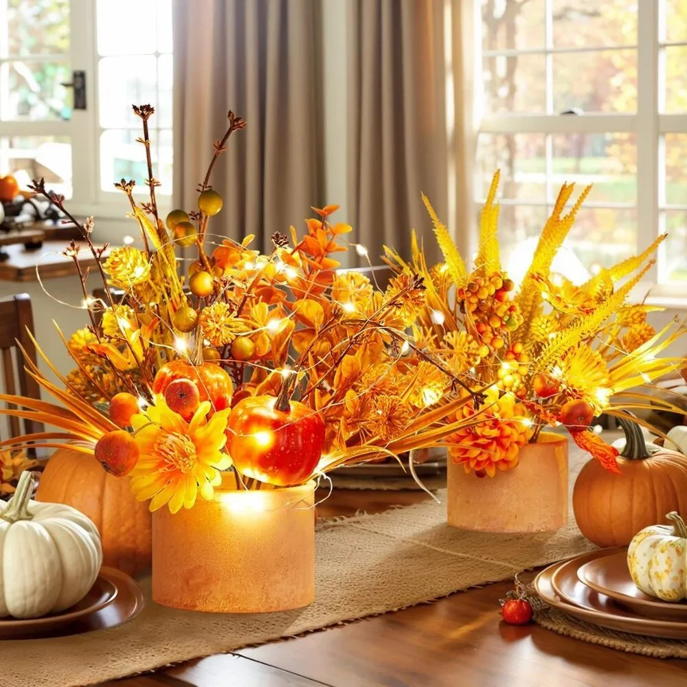 Vibrant Harvest Orange Artificial Table Flowers - 2-Pack Lighting Display